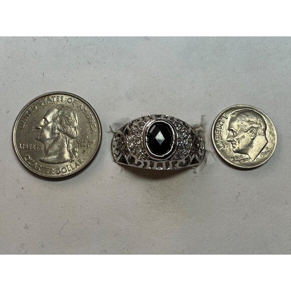 Estate Sterling Silver 925 Ring Black Oval Stone & Clear Accents Size 12, 7g - Picture 6 of 8